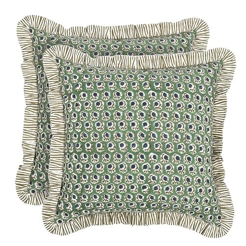 Ridhi Modern Farmhouse Pillow Covers Decorative Cotton Throw Pillow Covers Set of 2 Basil Green Cushion Covers with Ruffle for Couch Sofa Bed Living Room Spring Home Decor 18x18 - Image 1