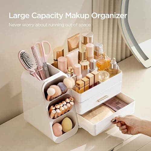 HBlife Makeup Organizer with Brush Holder for Vanity, Large Plastic Bathroom Countertop Organizer Skin Care Storage, Easy to Store Lipsticks, Nail Polishes, Perfumes, Eyeshadow Palettes, All White thumbnail 4