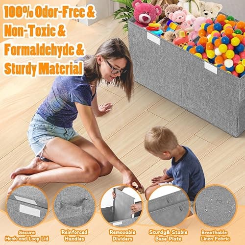 Rocamdo Large Toy Storage Box with Lid Divider, Sturdy Collapsible Toys Organizer Chest Kids Storage Bins Boxes Baskets for Boys, Girls, Nursery, Bedroom, Living Room, Playroom, 25"x13"x16", Gray thumbnail 4