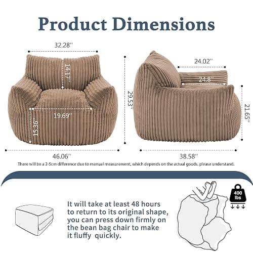 Giant Plush Bean Bag Chair for Adults with Armrests - Oversized Comfy Khaki Beanbag Lounge Lazy Floor Sofa Chair for Living Room, Bedroom & Dorm, Cozy Fluffy Single Cloud Mini Couch - XL Sofa Chair - Khaki thumbnail 2