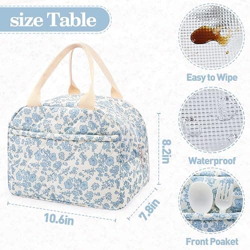 Cotton Quilted Insulated Lunch Bag, Cute Quilted Floral Lunch Tote Bags Reusable Insulated Lunch Box Coquette Aesthetic Large Capacity Insulated Cooler for Women Work Travel Picnic (Big Blue Flowers) - Big Blue Flowers thumbnail 3