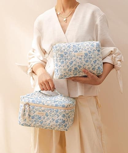 HBselect 3 PCS Quilted Makeup Bag, Cotton Large Travel Makeup Bag, Cute Floral Coquette Make up Bag Cosmetic Bag Toiletry Bag for Women Girls thumbnail 4