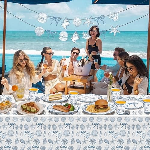 Seashell Party Decorations Ocean Sea shell Party Plates Supplies Blue Bow Seashell Paper Plates Napkins Tablecloth for The Summer I Turned Pretty Party Decorations, Serves 24 thumbnail 7