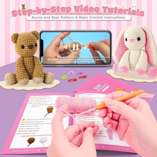 Easter Crochet Kit for Beginners, Bunny and Bear Crochet Kit with Step-by-Step Video Tutorials, Crocheting Kit for Starter, Beginner Crochet Kit for Adult, Stuffed Animal Knitting Kit for Valentines thumbnail 4