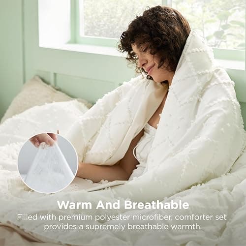 Bedsure Twin XL Comforter Set - Ivory Comforter, Boho Tufted Distressed Vintage Bedding for Kids, 2 Pieces Farmhouse-Style Bed Set for All Seasons, Fluffy Soft Bedding with 1 Pillow Sham thumbnail 3