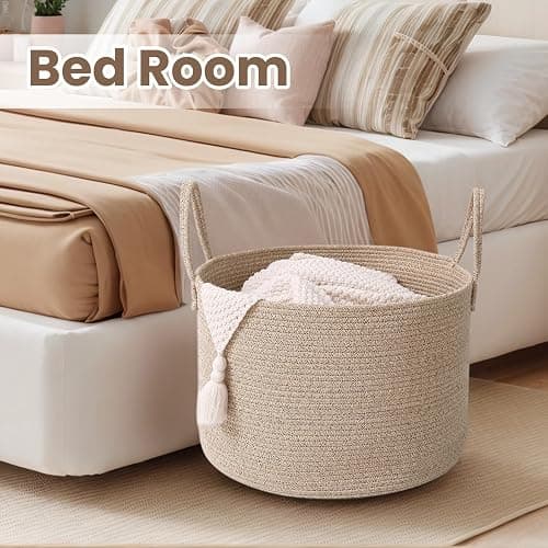 JMvicyroam Woven Blanket Basket,65L Large Rope Storage Bin with Handles, Organizer for Blankets Toys Book and Clothes, Laundry Basket for Living Room Bedroom Nursery,Oatmeal thumbnail 7