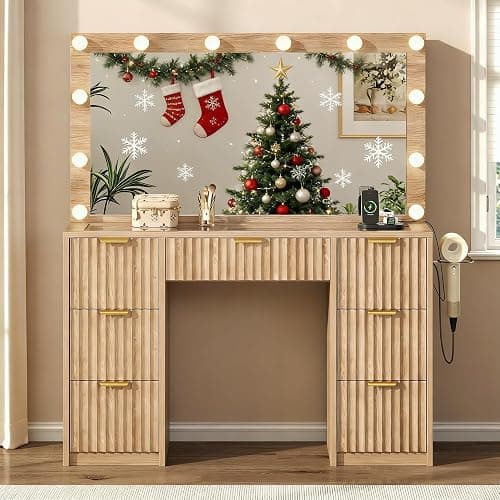 47" Fluted Vanity Desk with 42" Mirror & LED Lights, Large 9 Drawers Makeup Vanity Table with Tempered Glass Top & Charging Station, Waterfall Edge Design for Women&Girls, Bedroom or Dorm, Natural Oak thumbnail 9