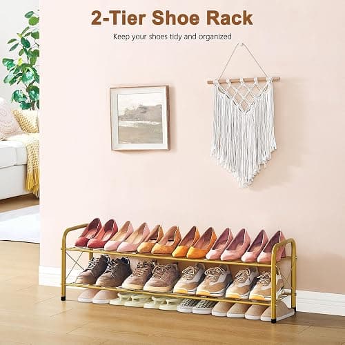 Hoctieon 2 Tier Shoe Rack for Closet, Durable Mesh Style Shoe Rack, Entryway Shoe Shelf, Shoe Storage Organizer for Hallway, Bedroom, Living Room, Wardrobe, Gold thumbnail 4