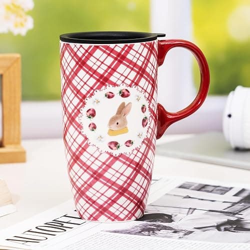 Topadorn Coffee Mug with Gift Box – 17 Oz Ceramic Travel Mug, Cute Bunny Cup with Spill-Proof Lid, Microwave & Dishwasher Safe, Pink Grid Rabbit Design thumbnail 9