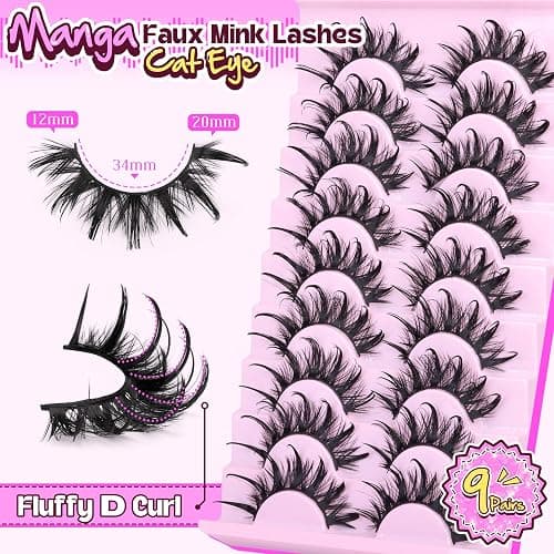 Manga Lashes Cat Eye Dramatic False Eyelashes Wet Look D-Curly Long Anime Lashes Strips Thai Style Manhua Lashes Strips Cosplay Eyelashes Wispy Spiky Lashes 12-20MM 9 Pairs by Zegaine thumbnail 2