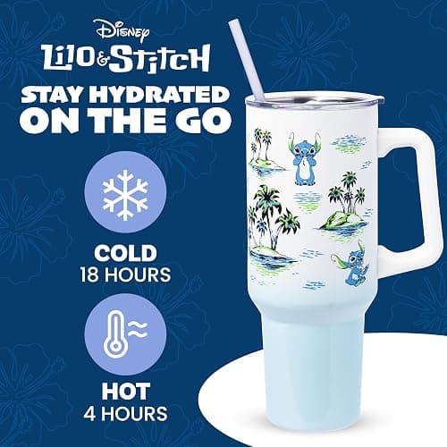 Silver Buffalo Disney Lilo and Stitch Vintage Sketch Palm Trees and Flowers Stainless Steel Tumbler with Handle and Straw, Fits in Standard Cup Holder, 40 Ounces thumbnail 2
