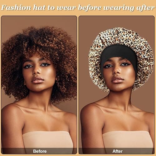 4PCS Silk Hair Bonnet for Sleeping,Hair Wrap Satin Bonnets Shower Cap for Black Women Men, Elastic Wide Band Hair Bonnet Cap for Sleeping Curly Hair(Black & Wine Red & Purple Print & Leopard Pattern) thumbnail 4