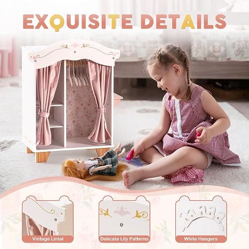 ROBUD Wooden Play Armoire Closet for Dolls, Doll Closet Furniture Wardrobe with 5 Hangers, Mirror, Velvet Curtains, Fit for 16-20in American Girl Doll Clothes, Gift for Boys & Girls, 3+ thumbnail 5