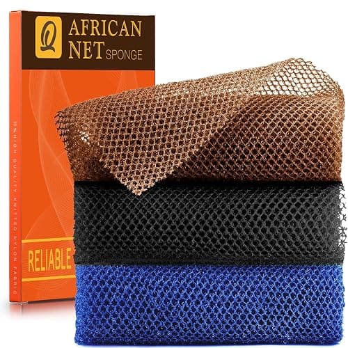 3 Pieces African Bath Sponge African Net Long Net Bath Sponge Exfoliating Shower Body Scrubber Back Scrubber Skin Smoother,Great for Daily Use (Black、Blue、Brown) - Image 1