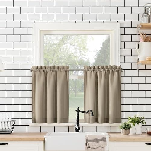 No. 918 Martine Microfiber Semi-Sheer Rod Pocket Kitchen Curtain Valance and Tiers Set, 54" x 36", Taupe thumbnail 9