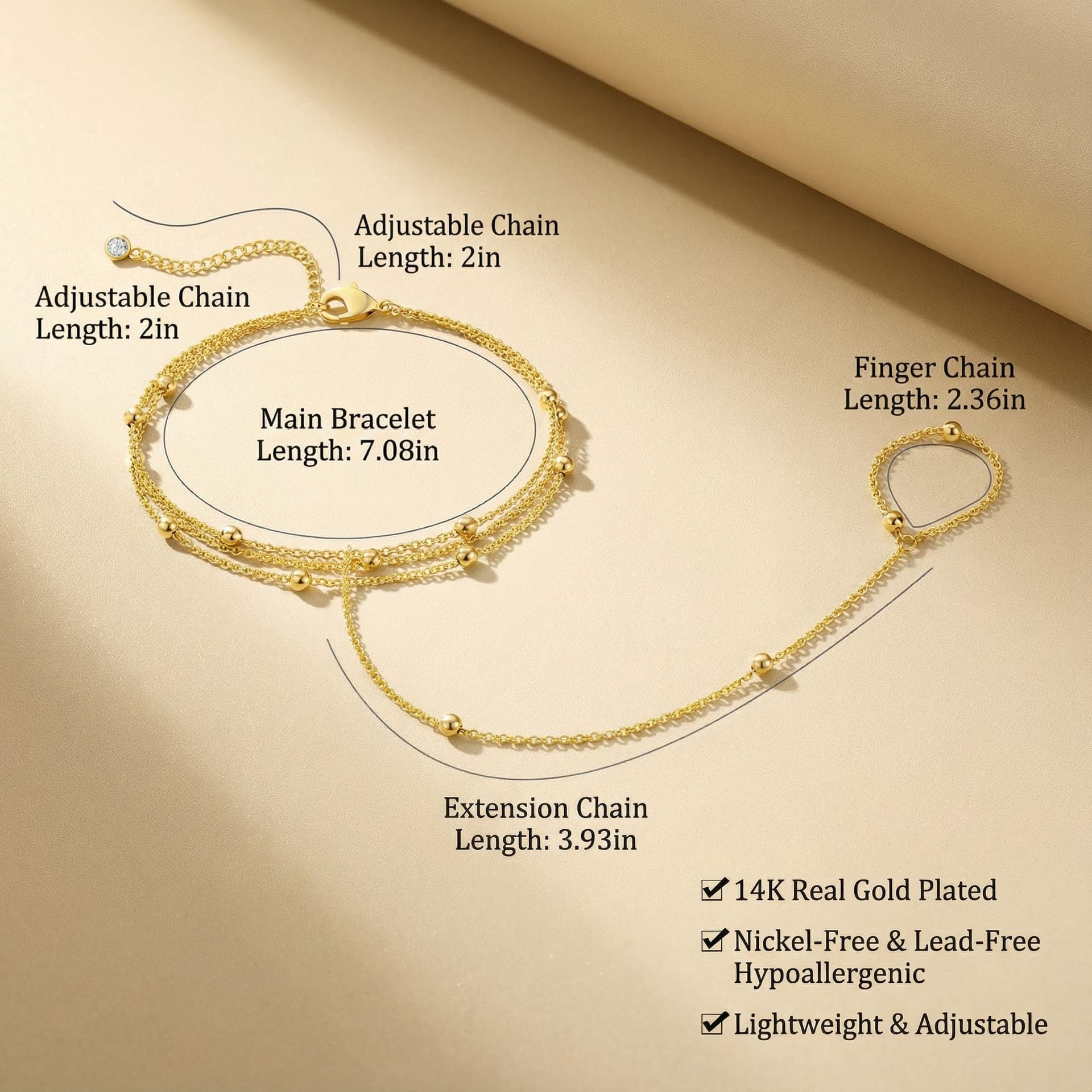 Pulsera de cadena de mano de oro para mujer, chapado en oro de 14 quilates, cadena de mano, delicada pulsera ajustable de perlas de oro para mujer, no se deslustra, pulsera simple de moda thumbnail 5