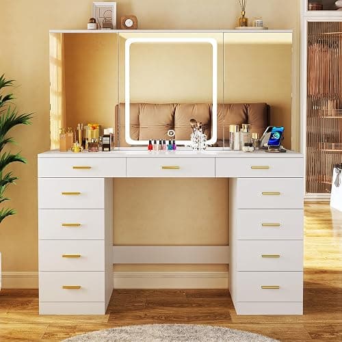 Vanity Desk with Mirror and Lights, 47.2" Makeup Vanity with 11 Storage Drawers and Hidden Storage Shelves, White Vanity with Charging Stations & 3 LED Lighting Modes Adjustable, for Bedroom thumbnail 7