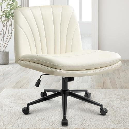 Orange Factory Criss Cross Chair with Wheels Comfy Wide Vanity Desk Chair Dual Base Leather Armless Adjustable Swivel for Home Computer Task (Beige) - Image 1