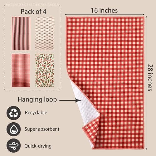 VitalCozy 4 Pcs Strawberry Waffle Kitchen Towel Red Fruit Dish Towels | Kitchen Vintage Cloth, 18 x 28 Inch, Highly Absorbent Reusable Hand Tea Towel, Farmhouse Cooking Baking Cleaning Wipe Decor thumbnail 3