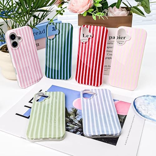 SleekCover Cute Striped Case for iPhone 16 6.1",Pink/Yellow | Non-fade Aesthetic Striped Pattern,Slim Fit,Lightweight,Kawaii Cute iPhone 16 Case for Women Girls,Soft TPU thumbnail 6