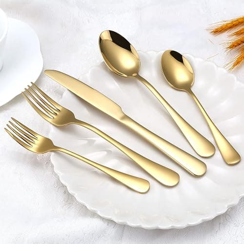 Briout Gold Silverware Set, 20 Piece Golden Cutlery Set Service for 4, Stainless Steel Flatware Set Include Spoons Forks Knives Tableware Utensil Set for Kitchen Home Restaurant, Shiny Gold Polished thumbnail 6