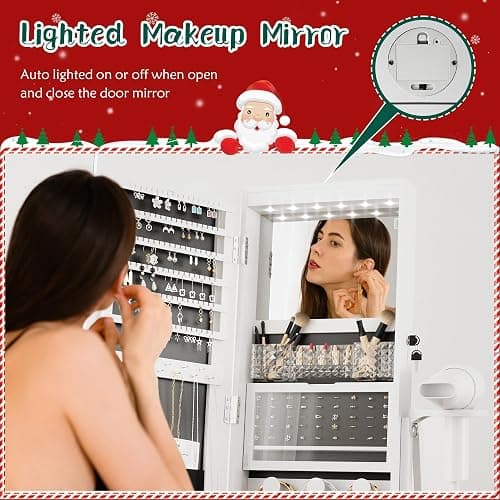 TJYGO Mirror Jewelry Cabinet Standing, 360° Swivel Jewelry Armoire with Drawer LED Lights, Lockable Jewelry Organizer with Storage Shelves thumbnail 5