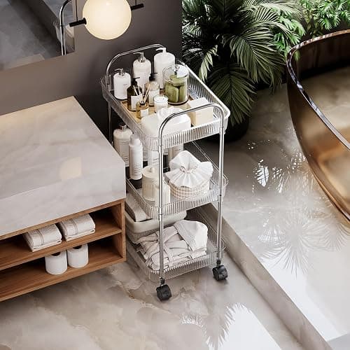 STARLATTA 3 Tier Rolling Cart with Lockable Wheels, Clear Acrylic Utility Trolley with Handle, Heavy-Duty Storage Organizer for Kitchen Bathroom Nursery Laundry - Snack Book Craft Organizer (Clear) thumbnail 6