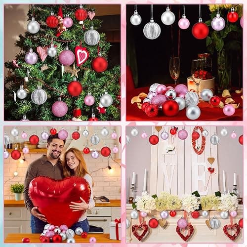 Lunmon 64 Pcs Valentine's Day Ball Ornaments Glitter Pink Red and Silver Ornaments 1.6/1.97/2.4 Inch Assorted Size Balls Valentines Decorations for Tree Home Indoor Wreath Mantel Stairs Decor thumbnail 5