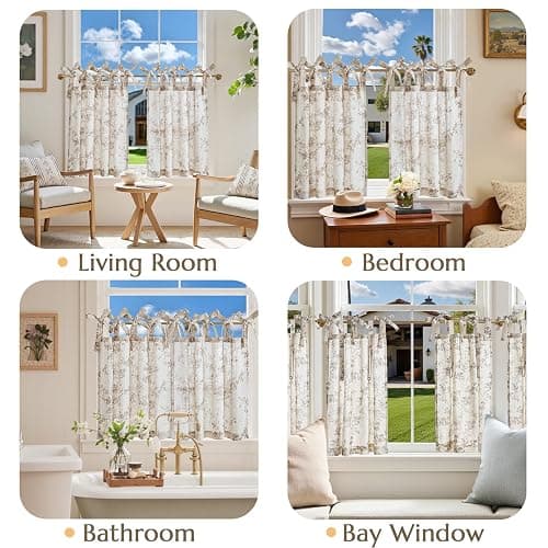 jinchan Floral Kitchen Curtains 24 Inch Linen Tier Curtains Farmhouse Cafe Half Window Drapes Over Sink Light Filtering Taupe on Beige for Living Room Laundry Tie Top 2 Panels thumbnail 5