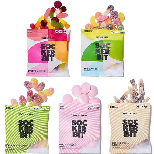 Sockerbit Swedish Candy Variety Pack, 5 Bags, Sweet & Sour Gummy Candy Mixes, Foamy Strawberry Dream, Sour Cherry Cola Bottles & Fruity Hearts, Vegan Options & Non GMO, 2.82oz Each Bag thumbnail 9