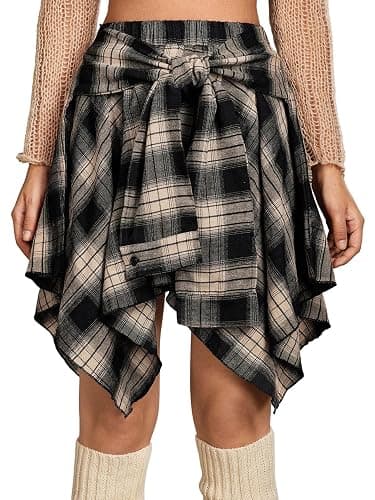 Verdusa Women's Y2k Goth Grunge Plaid Skirts Tie Vintage Asymmetrical Flowy Pleated Mini Skater Skirt thumbnail 6