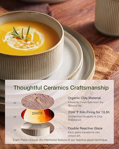 famiware Star Plates and Bowls Sets, Modern Stoneware Dinnerware Sets for 8, 24-Piece Kitchen Dish Set - Microwave and Dishwasher Safe, Chip and Scratch Resistant, Cappuccino White thumbnail 6