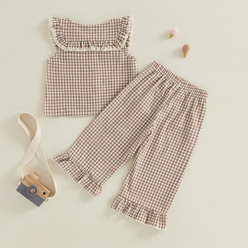 Toddler Baby Girl Clothes Summer Outfit Plaid Gingham Short Sleeve Shirt Sleeveless Tank Tops Pants Set thumbnail 3