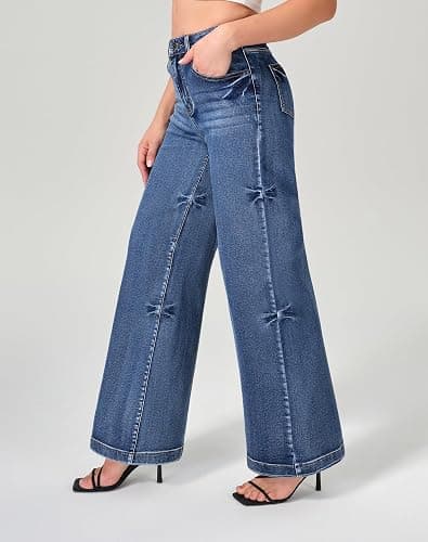 roswear Women's Wide Leg Jeans High Waisted Stretchy Denim Trouser Pants thumbnail 2