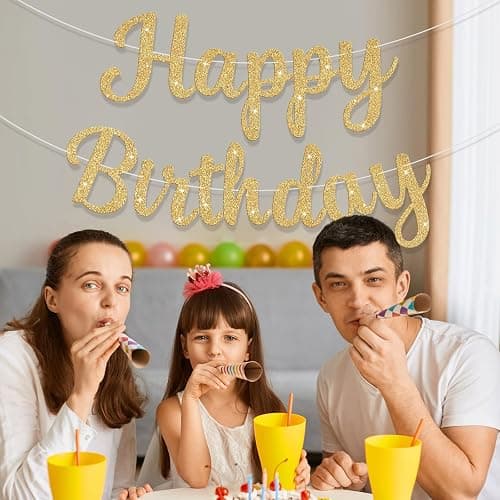 JHZMCRX Glitter Happy Birthday Banner Sign Birthday Garland Wall Door Banners Flag for Women Men Boys Girls Party Backdrop Decorations Gold thumbnail 6