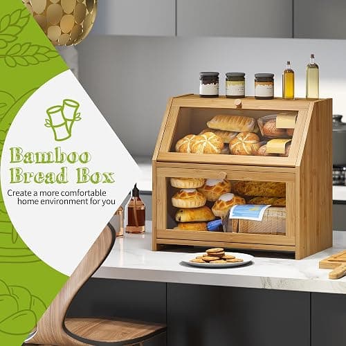 BMOSU Bread Box with Cutting Board Kitchen Bread Storage Organizer Farmhouse Countertop Double Bamboo Wood Bread Box(Natural) thumbnail 4