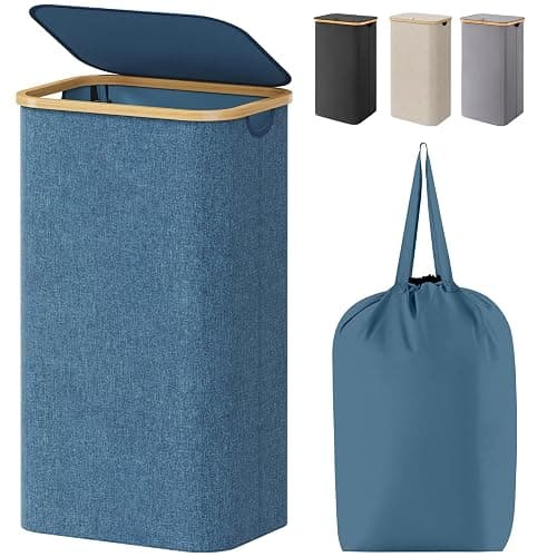 Lifewit 100L Laundry Basket with Lid, Clothes Hampers for Laundry with Bamboo Handles and A Removable Bag, Large Foldable Laundry Hamper for Bedroom, Bathroom, Dorm, Laundry Room, Dark Blue - Image 1