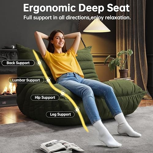 Bean Bag Chairs for Adults, Memory Foam Couch Single Sofa Chair, Soft Teddy Material Cozy Comfy Reading Nook Chairs, Floor Chair for Living Room Bedroom Office (Green) - 35" Wide – fits 1 adults - Green thumbnail 5