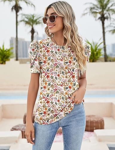 Ivicoer Puff Short Sleeve Shirt for Women Eyelet Tops Summer Crewneck Blouse Loose Fit S-XXL thumbnail 3