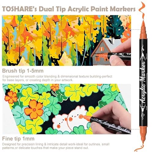 TOSHARE 80 Colors Acrylic Paint Markers - Paint Pens Waterproof Dual Tip Acrylic Markers with Brush & Fine Tip Scrapbook Supplies for Paper Rock Wood Fabric 3D Print Egg Decorating Kit & DIY Crafts thumbnail 4