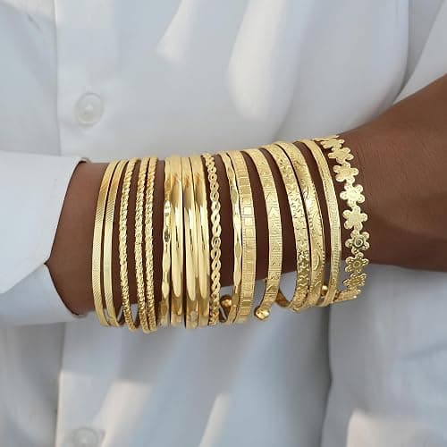 FAXHION Gold Bangle Bracelets for Women, 14 Pcs Multi Layer Stackable Bangle Set, 14K Gold Plated Textured Chunky Bracelets Boho Jewelrys Set thumbnail 3