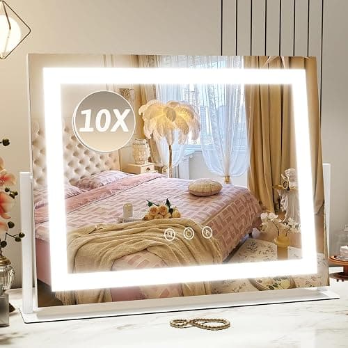 ROLOVE Vanity Mirror with Lights 22"x18", Lighted Makeup Mirror with 10X Magnification, Smart Touch 3 Colors Dimmable, 360° Rotation, Women Gift, Dresser Mount, Bathroom (White) - Image 1