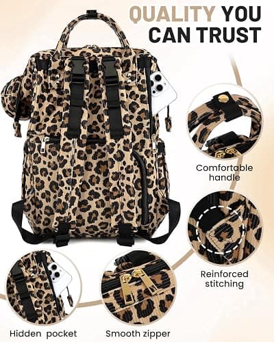 fufazfo Corduroy Diaper Bag Backpack, Large Capacity Multifunction Baby Diaper Bags for Women, Insulated Bottle Pockets & Pacifier Case, Stylish Travel Nappy Changing Bags for Mom Dad (Leopard Brown) thumbnail 6