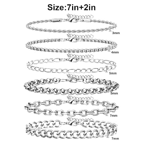 6PCS Stainless Steel Bracelets for Men, Silver Gold Black Sturdy Cuban Link Box Rope Wheat Chain Paperclip Figaro Bracelet for Women Men Jewelry Set thumbnail 2