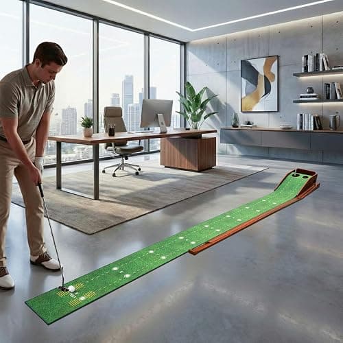 Putting Green Indoor with Three-Level Adjustable Incline, Auto Ball Return - Easy to Fold Solid Wood Base, Golf Training Aid for Home, Office, Backyard - Golf Putting Mat for Men thumbnail 7