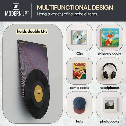 Modern JP Adhesive Vinyl Wall Mount (8-Pack) – Dual Display Album and Disc, Strong Hold Record Holder Wall, Record-Safe Easy Installation, Album Wall Mount for 1LP and 2LP – Black thumbnail 7