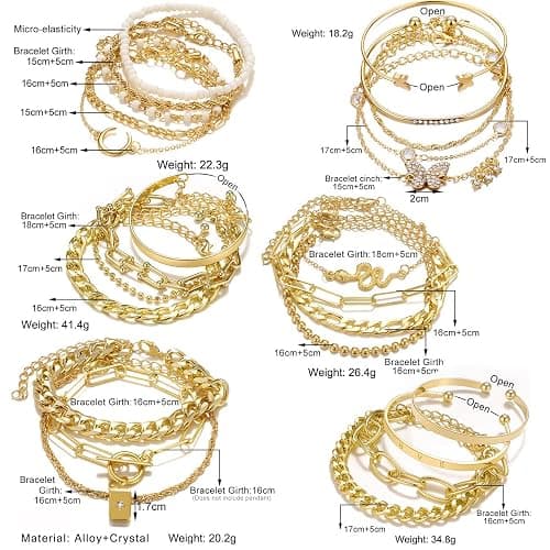 17IF 24-25 Pcs (6 Pack) 14K Gold Ankle Bracelets Set for Women Boho Stackable Bangles Cuff Charm Chunky Wrist Jewelry thumbnail 7