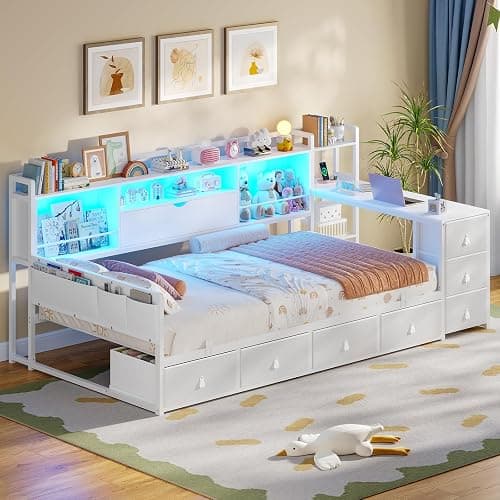 ADORNEVE Twin Corner Bed Frame with 7 Drawers, Desk & Bookcase Storage, Metal Platform Daybed with Charging Station and RGB Lights, for Kids Bedroom, No Box Spring Needed, White thumbnail 3