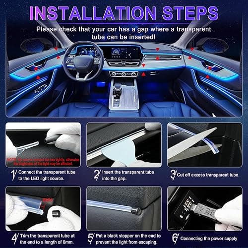 LivTee Smart LED Car Lights Interior with USB Port, LED Strip Fiber Optic Ambient Lighting Car, Wireless App Control, Sync to Music, Car Decorations Interior Accessories Gifts for Women Men, 6 in 1 thumbnail 6