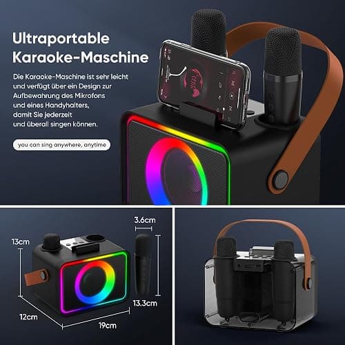 [2025] Karaoke Maschine 2 Mikrofonen: Karaoke Anlage mit 2 Karaoke Mikrofonen - Tragbare Bluetooth Karaoke Box Lautsprecher für Erwachsene Kinder Live-Mischpulte Geschenk für Weihnachten Geburtstag thumbnail 7